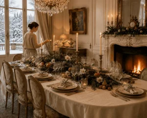 Host lighting candles before guests arrive for a European Christmas dinner