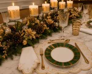 Green-Christmas-table-setting-with-emerald-dinnerware-gold-accents-evergreen-greenery-ivory-linens-crystal-glassware-and-candlelight