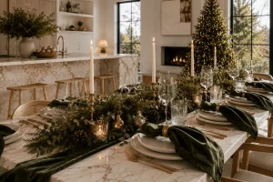 Layered Christmas centerpiece combining velvet, greenery, brass and candlelight.