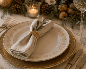 Linen napkin with a gold napkin ring and olive branch on fine china