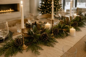 Matte black Christmas place setting with oatmeal linen napkin, rosemary sprig, brass flatware, and clear crystal