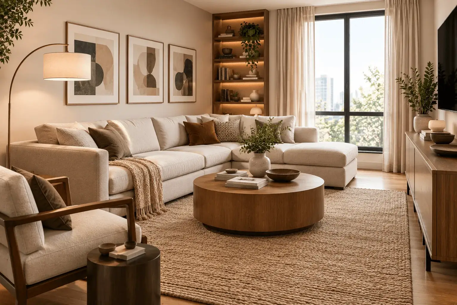 Modern living room with a large cream sectional, wood coffee table, textured rug, and natural light.
