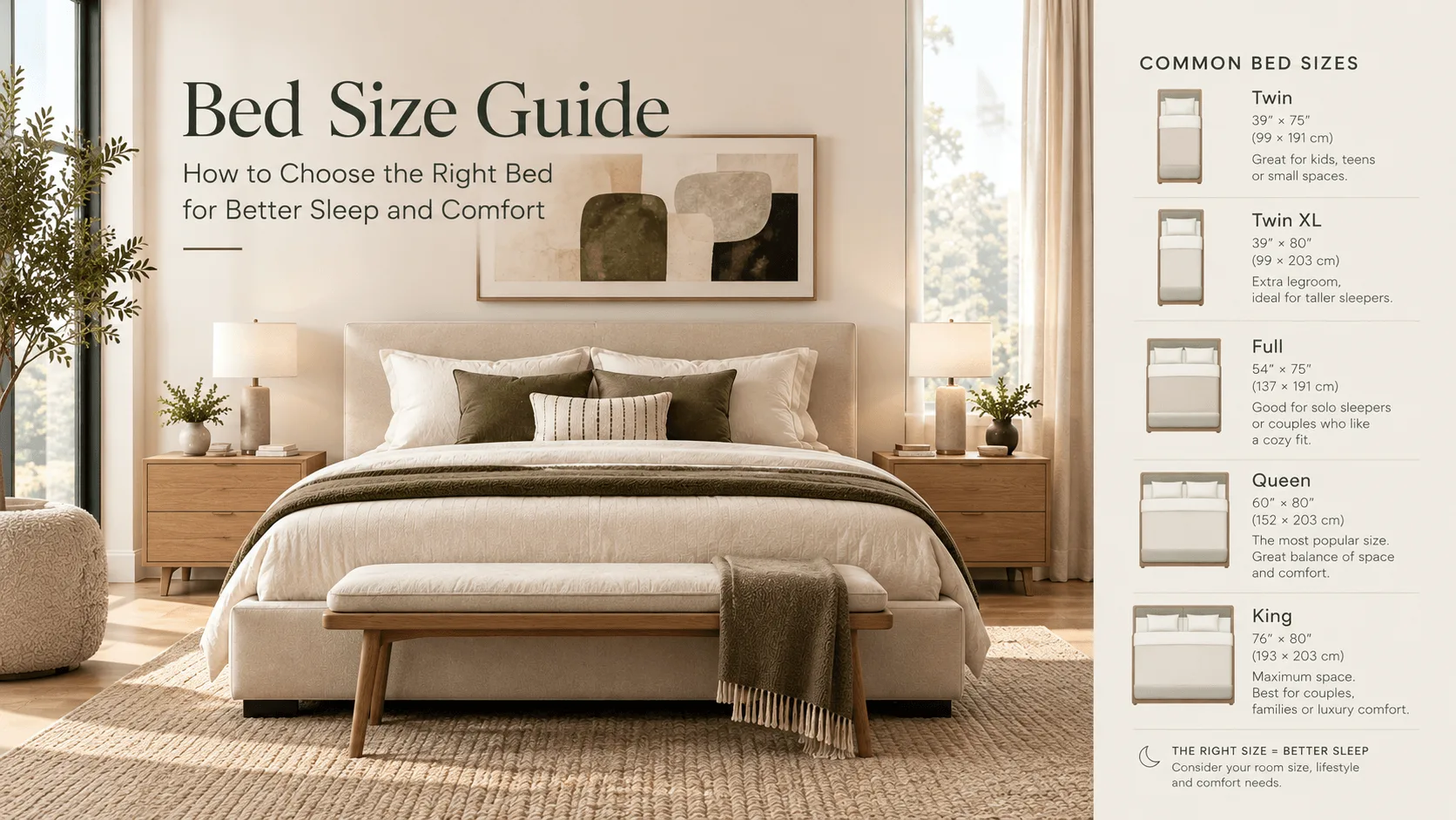 Modern-neutral-bedroom-featuring-an-upholstered-bed-with-layered-cream-and-olive-bedding-warm-wood-nightstands-a-bench-natural-textures-soft-lighting-and-large-windows