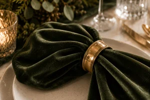 Olive-green-velvet-napkin-with-a-brass-napkin-ring-on-a-neutral-Christmas-place-setting.