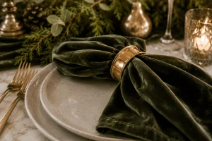 Olive-green-velvet-napkin-with-a-gold-napkin-ring-on-a-neutral-Christmas-place-setting