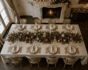 Overhead view of a European winter Christmas table with greenery, candles and fine china