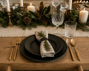 Overhead view of a black Christmas table with an ivory runner, evergreen garland, pinecones, candles, and brass flatware