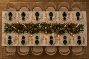 Overhead view of a long Christmas dining table with velvet runner and natural greenery.