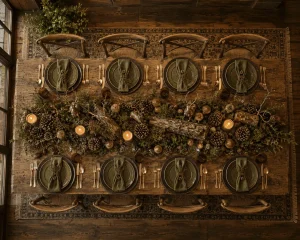 Overhead-view-of-a-woodland-Christmas-table-with-moss-pinecones-logs-and-green-place-settings.