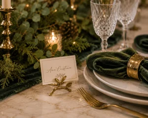 Personalized-Christmas-place-card-beside-a-velvet-napkin-and-neutral-dinnerware.