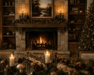 Rustic-cabin-dining-room-with-stone-fireplace-decorated-for-Christmas