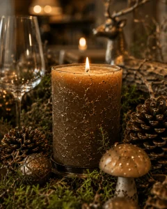 Rustic-holiday-candle-surrounded-by-pinecones-moss-and-woodland-decorations
