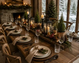 Rustic-stone-fireplace-decorated-with-evergreen-garlands-candles-and-natural-Christmas-decor.