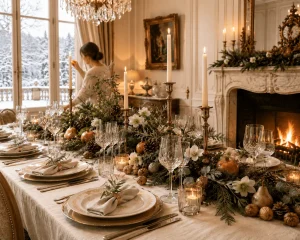 Seasonal fruit, pinecones and evergreen branches creating a European winter Christmas centerpiece