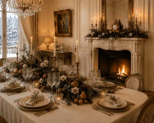 Side view of a European winter Christmas table with natural greenery and candlelight