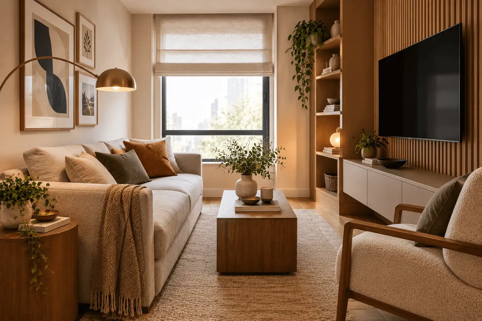 Small modern living room with a cream sofa, earthy accent pillows, wood coffee table, textured rug, brass floor lamp, built-in shelving, slatted wood TV wall, greenery, and natural light.