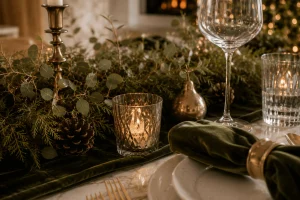 Warm candlelight glowing beside evergreen foliage on a velvet Christmas table.