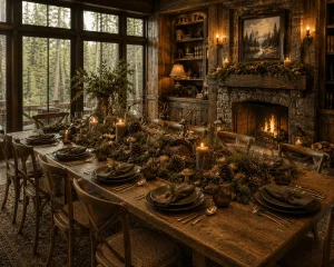 Woodland Christmas table setting in a cozy forest cabin with natural holiday decor
