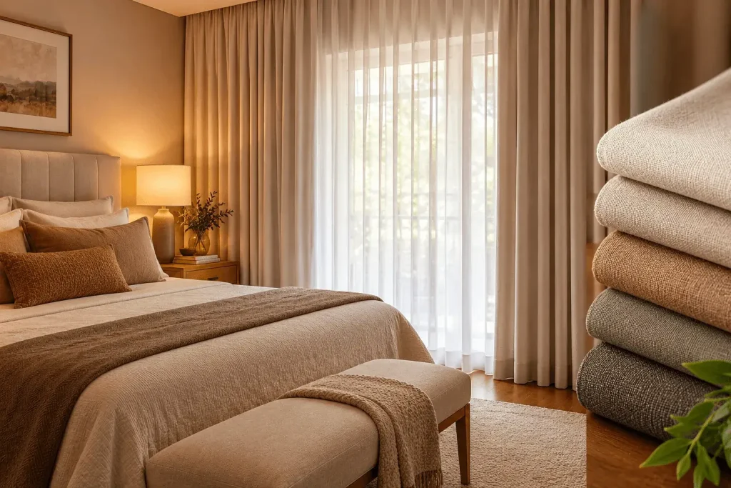 how to choose curtain fabric for a bedroom with layered neutral textiles and soft natural light