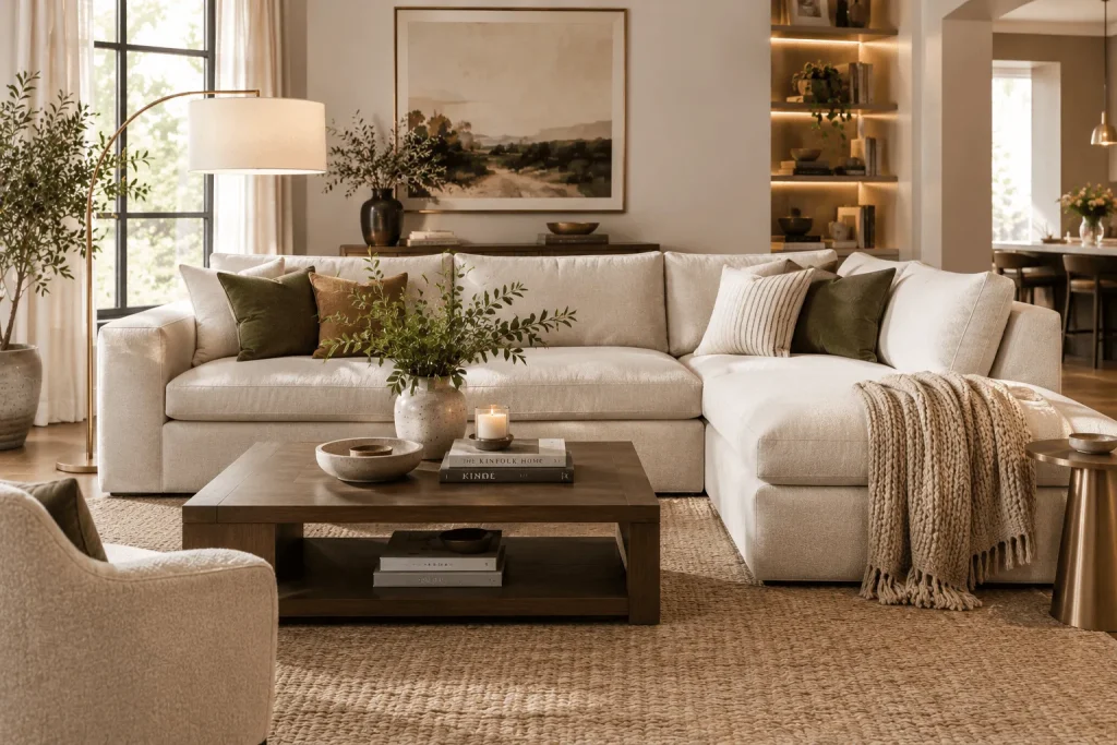 Affordable-looking-cream-sectional-sofa-styled-with-olive-and-neutral-cushions-a-cozy-throw-warm-wood-coffee-table-natural-rug-greenery-and-elegant-modern-decor.