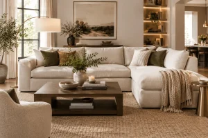 Affordable-looking-cream-sectional-sofa-styled-with-olive-and-neutral-cushions-a-cozy-throw-warm-wood-coffee-table-natural-rug-greenery-and-elegant-modern-decor.