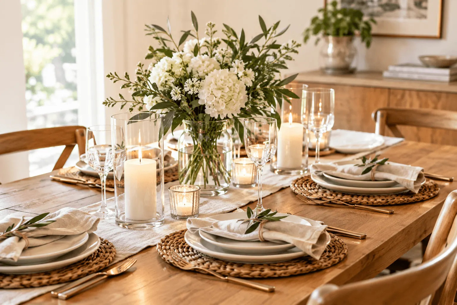 Affordable table styling with neutral dinnerware, natural linen, woven placemats, greenery and candlelight on a wood dining table