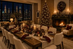 Christmas dinner table coordinated with a decorated tree, glowing fireplace, burgundy accents, and warm candlelight