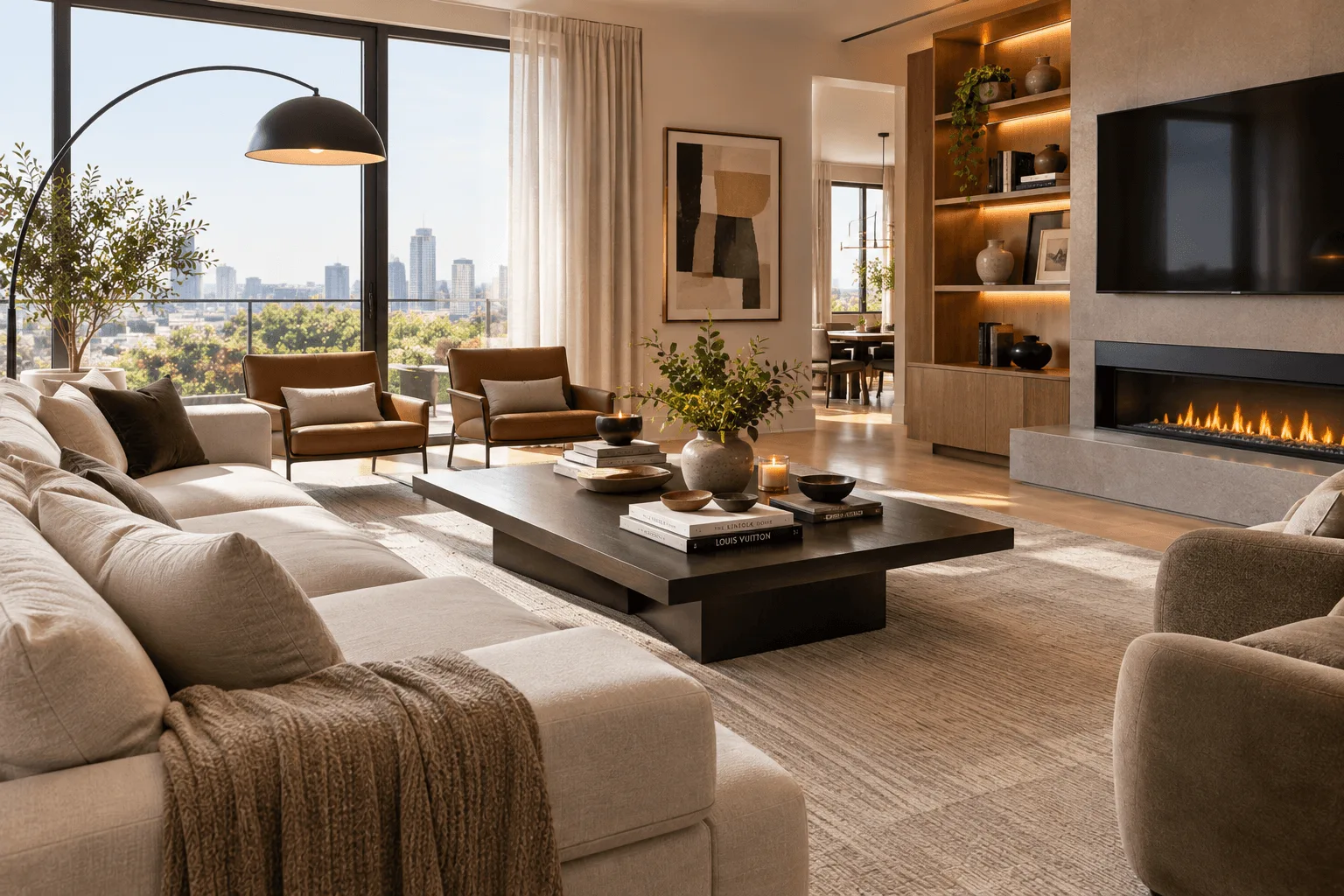 Contemporary-American-living-room-with-a-cream-sectional-cognac-leather-chairs-warm-wood-built-ins-modern-fireplace-large-windows-neutral-textures-and-city-views.