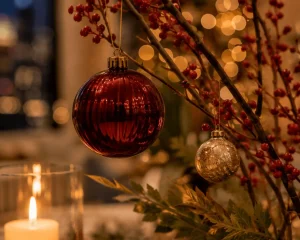 Cranberry-red and antique-gold ornaments hanging from berry branches above a candlelit Christmas table