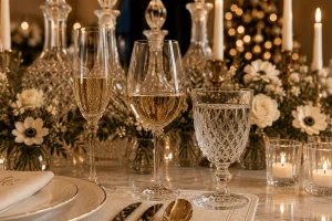 Cut crystal stemware reflecting candlelight on an elegant Christmas table