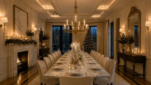 Elegant Christmas dining room with fireplace, chandelier, Christmas tree and formal dining table