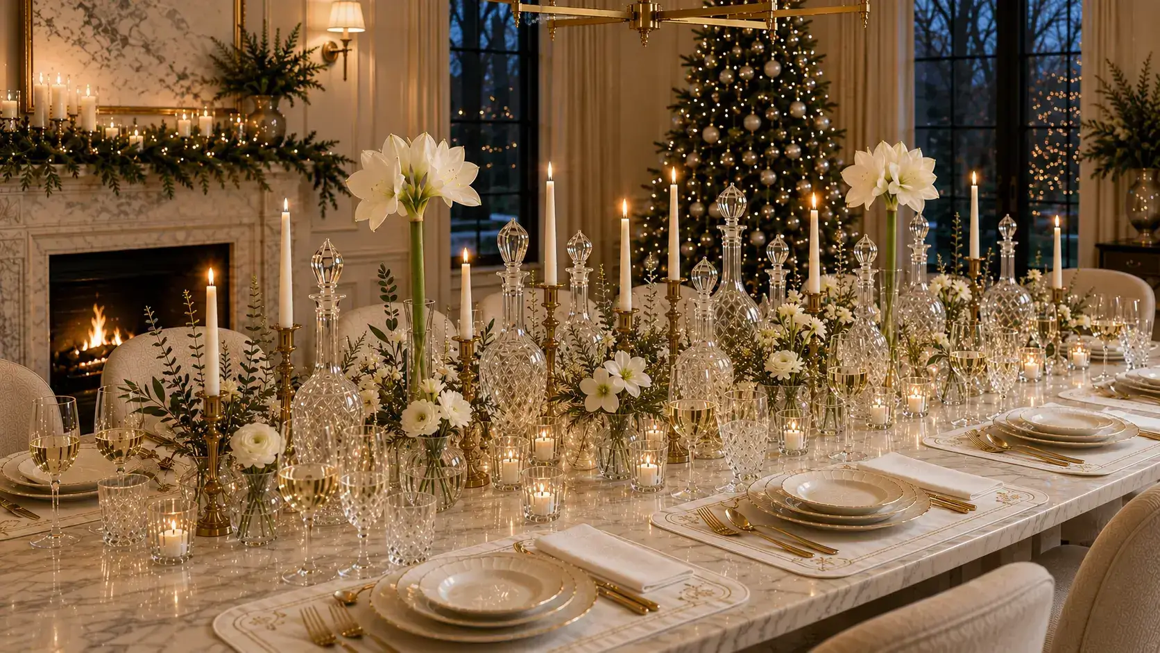 Elegant Christmas table with crystal glassware, ivory porcelain, brass candlesticks, white flowers, evergreen greenery, and candlelight