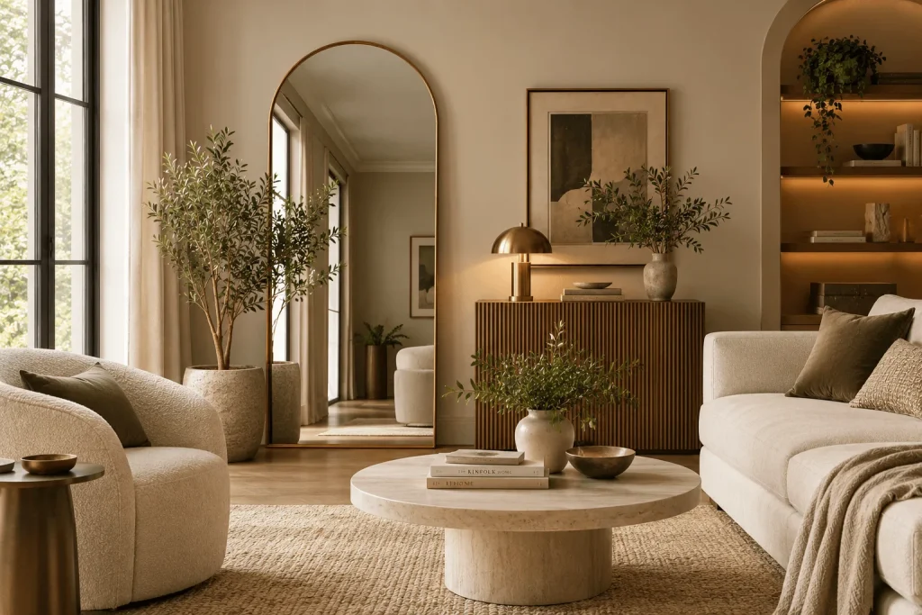 Elegant-living-room-featuring-a-tall-arched-brass-framed-mirror-cream-boucle-seating-natural-wood-greenery-and-warm-neutral-decor.