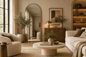 Elegant-living-room-featuring-a-tall-arched-brass-framed-mirror-cream-boucle-seating-natural-wood-greenery-and-warm-neutral-decor.