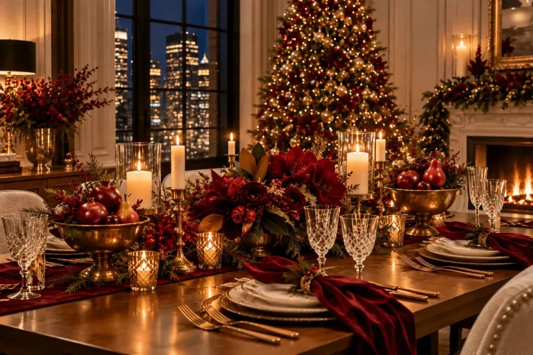 Elegant red Christmas table setting with burgundy florals, crystal glassware, candlelight, fireplace, and decorated Christmas tree