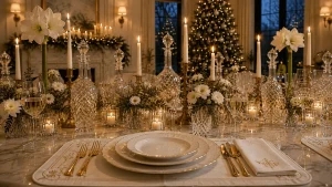 Guest's view across an elegant Christmas table toward a beautifully decorated Christmas tree