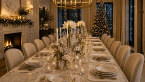 Head-of-table view showing crystal, candlelight and symmetrical Christmas table styling