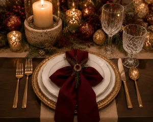 Layered Christmas place setting with ivory dinnerware, gold charger, burgundy napkin, crystal glasses, and warm metallic flatware