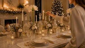Lighting taper candles on an elegant Christmas dining table before dinner