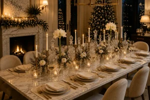 Luxury Christmas dining room with elegant holiday table, fireplace and decorated Christmas tree