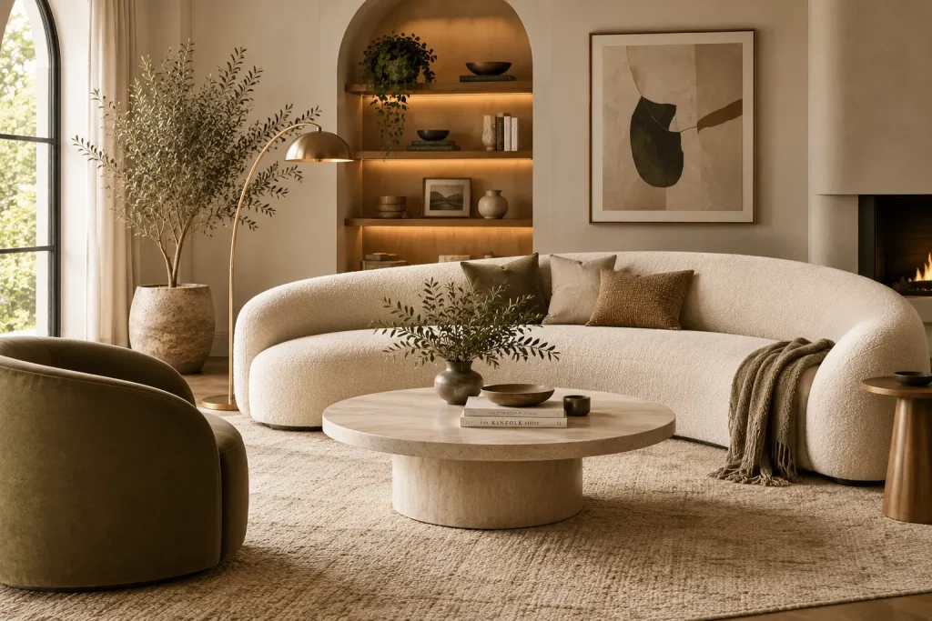 Modern-living-room-featuring-a-large-curved-cream-boucle-sofa-round-coffee-table-olive-lounge-chair-warm-wood-shelving-and-organic-decor