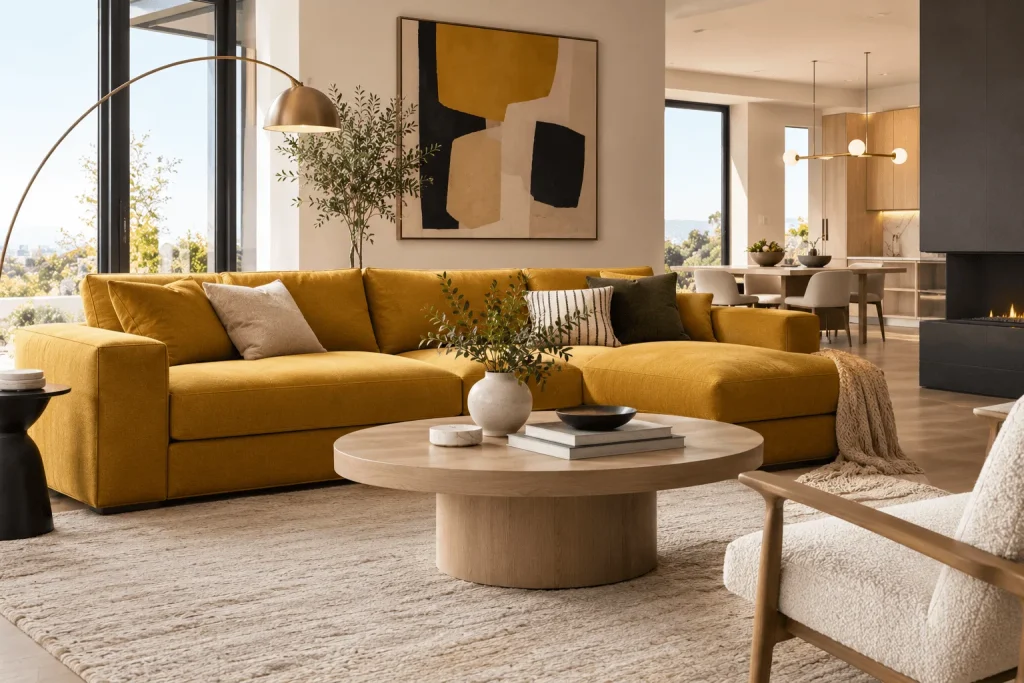 Mustard-yellow-sectional-sofa-in-a-bright-contemporary-living-room-with-a-round-wood-coffee-table-neutral-rug-abstract-artwork-large-windows-warm-wood-cabinetry-and-modern-lighting.