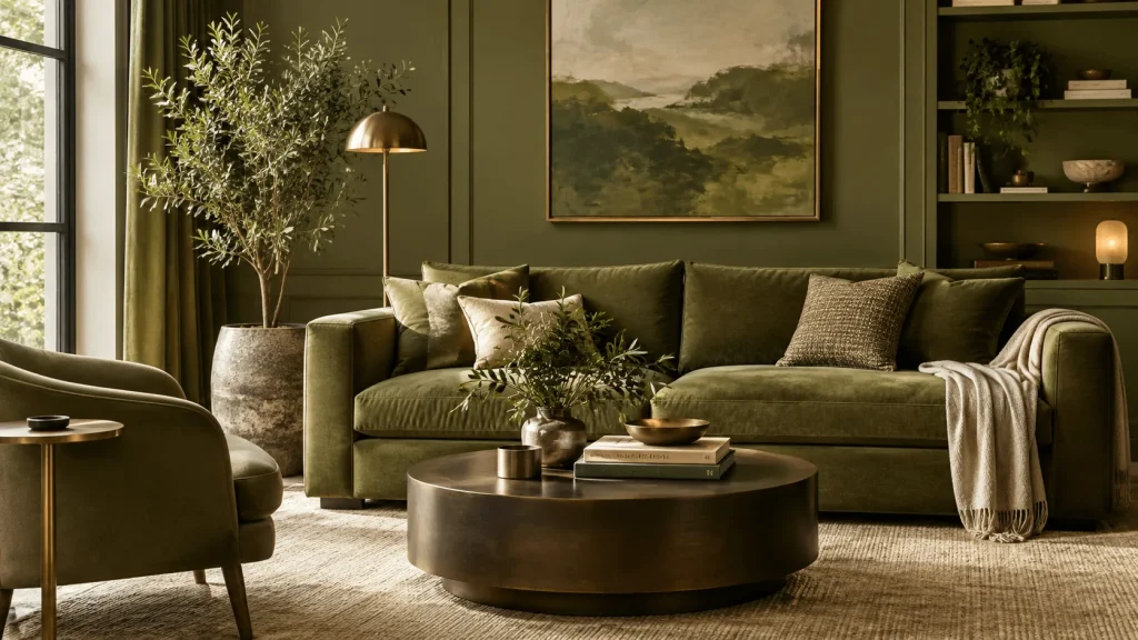Sophisticated-olive-green-living-room-with-a-velvet-sofa-warm-brass-accents-natural-textures-plants-and-elegant-artwork.