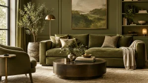 Sophisticated-olive-green-living-room-with-a-velvet-sofa-warm-brass-accents-natural-textures-plants-and-elegant-artwork.
