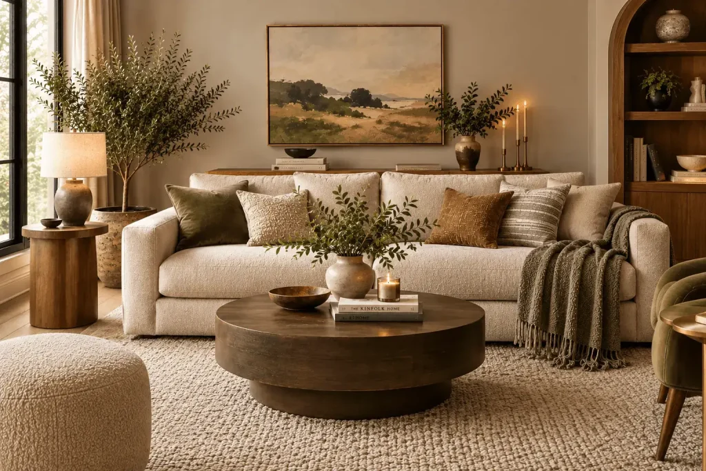 Styled-cream-sofa-with-layered-pillows-a-cozy-throw-coffee-table-decor-greenery-artwork-side-tables-and-a-textured-rug-in-a-warm-modern-living-room-decor-with
