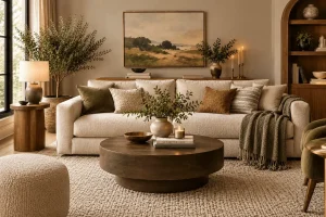 Styled-cream-sofa-with-layered-pillows-a-cozy-throw-coffee-table-decor-greenery-artwork-side-tables-and-a-textured-rug-in-a-warm-modern-living-room-decor-with