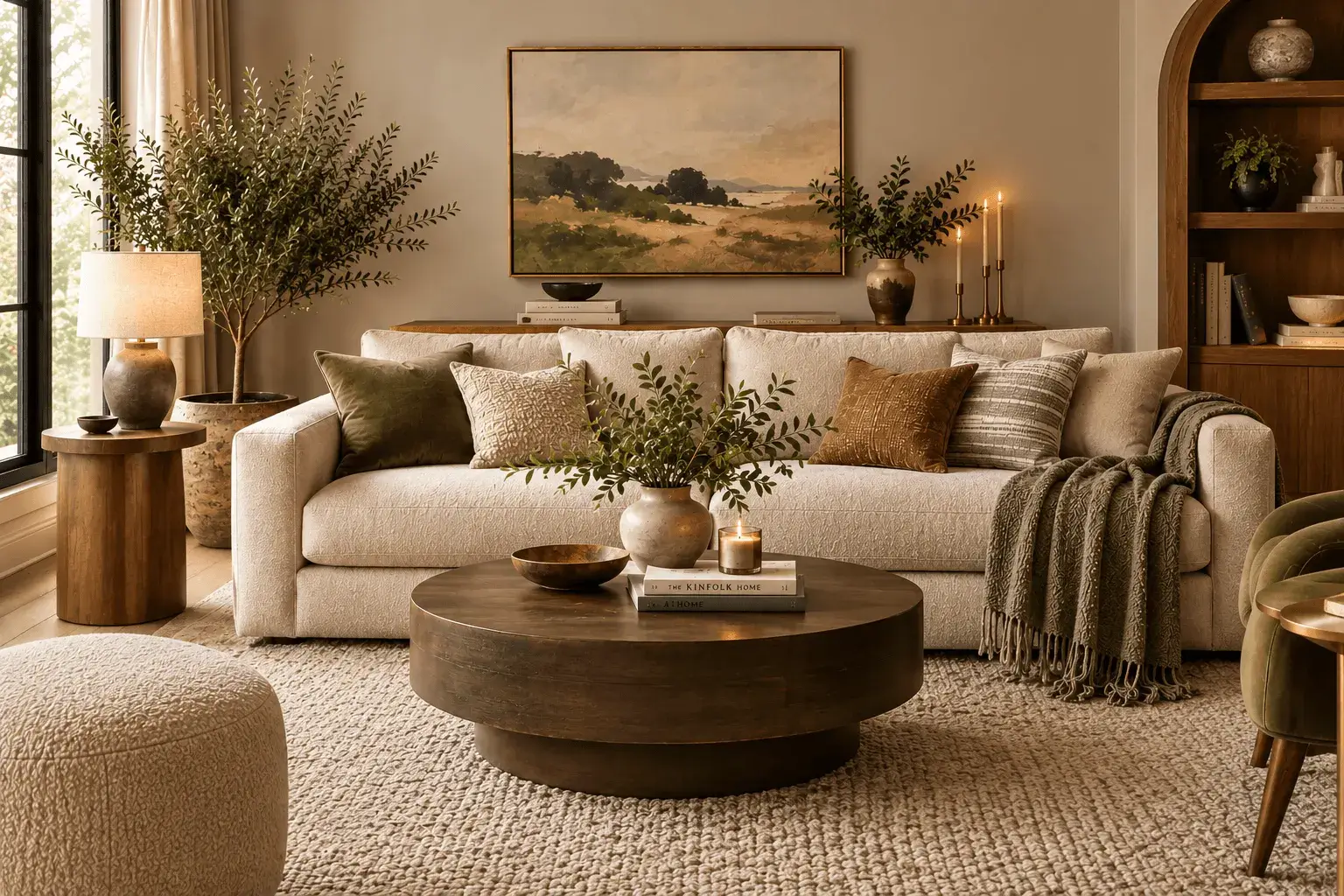 Styled-cream-sofa-with-layered-pillows-a-cozy-throw-coffee-table-decor-greenery-artwork-side-tables-and-a-textured-rug-in-a-warm-modern-living-room-decor-with