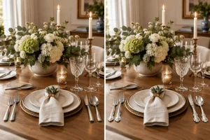 Table-styling-without-overdecorating-with-neutral-place-settings-natural-linen-crystal-glassware-candlelight-and-a-low-floral-centerpiece-on-a-warm-wood-dining-table.