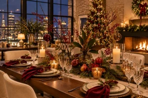 Warm and elegant Christmas dinner table setting with burgundy napkins, crystal glassware, candlelight, greenery, pomegranates, and pears