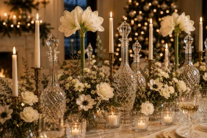 White flowers, crystal vessels, brass candlesticks and greenery arranged as a Christmas centerpiece